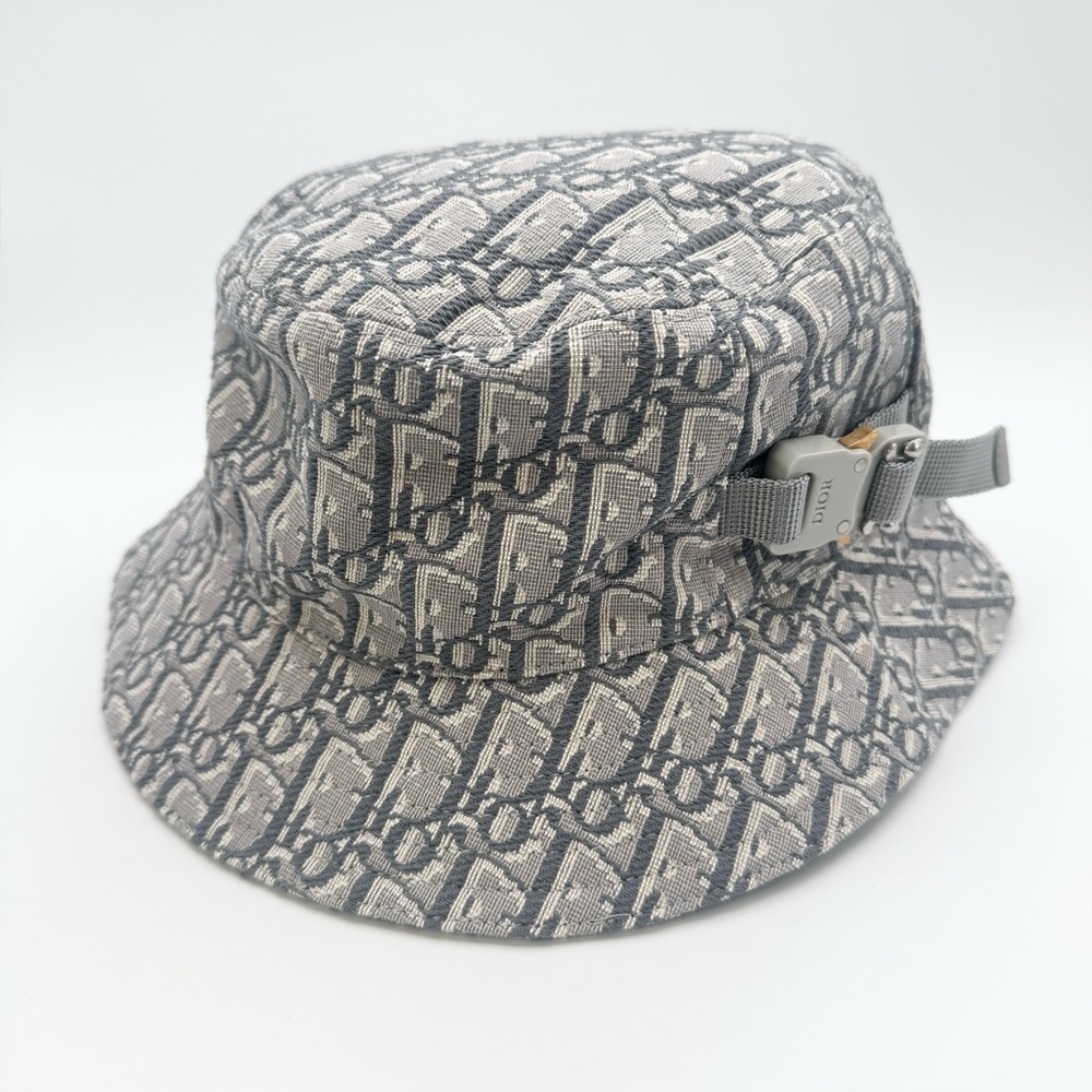 NEW Christian Dior Oblique Grey Woven Jacquard Cotton Tech Buckle Bucket Hat